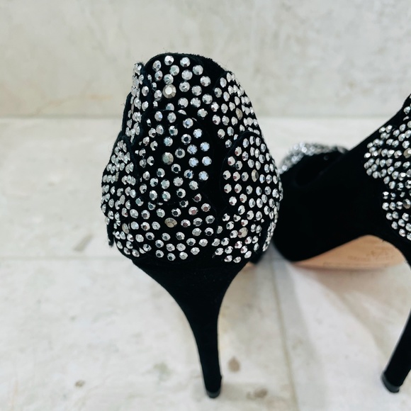 KAREN MILLEN {6} Black Silver Beaded Pumps Peep Toe Stiletto - Picture 7 of 16